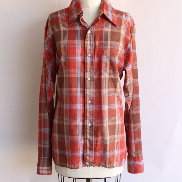 Vintage 1970s Shirt, Viking Dagger Collar Orange Plaid Tratan Button Down Blouse - Picture 2 of 10